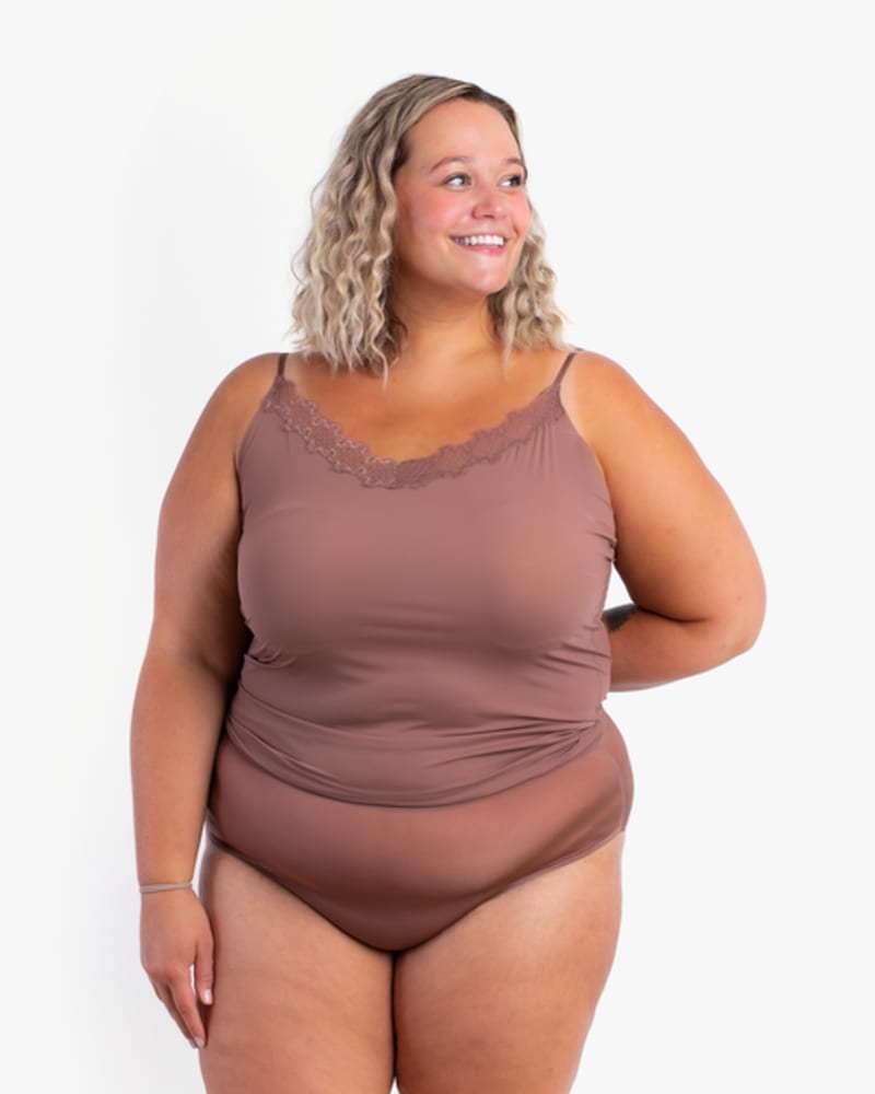 Front of a model wearing a size 2X Happy Seams Camisole in Toffee by Uwila Warrior. | dia_product_style_image_id:257835